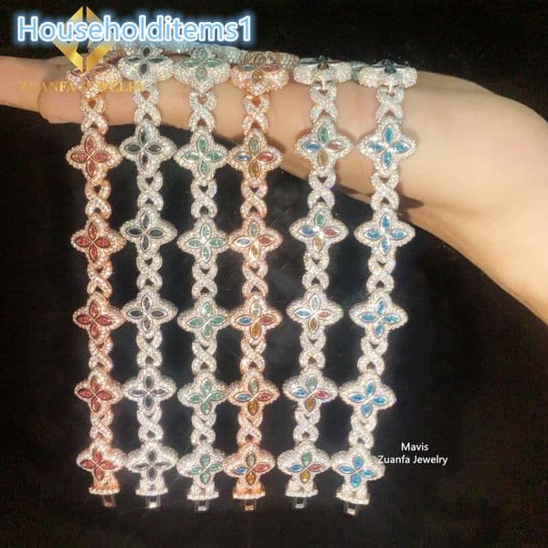 Iced Out Hip Hop 15MM 925 Sterling Silver Infinity Colored Moissanite Clover Bracelet Custom Cuban Link Bracelets for Men