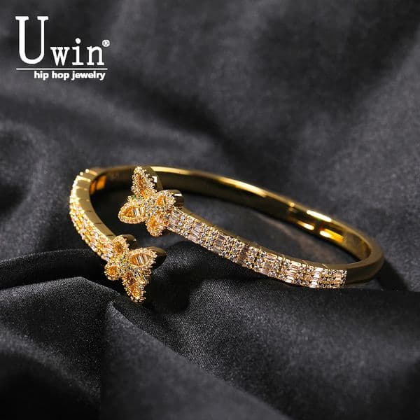 Uwin Butterfly Bracelet Prong Setting Bling Cubic Zirconia Baguette Cz Cuff Bangle Gift For Women Hip Hop Jewelry 251129