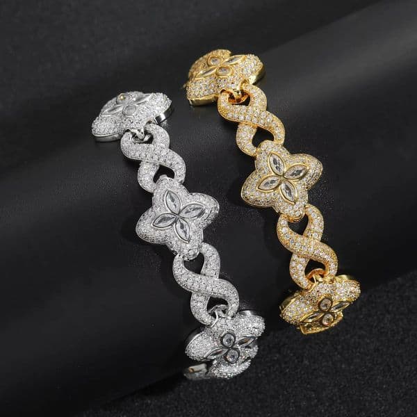BES Hip Hop Gold Plated Necklace Iced Out Four Leaf Clover Bracelet 5A Moissanite Diamond Tennis Chain for Women/Girls