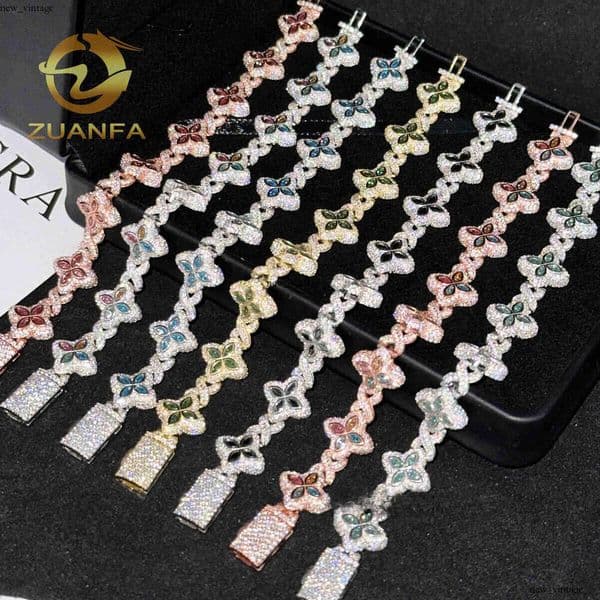 New 15mm Marquise Flower Design Hip hop Jewelry Iced out Unisex Cuban Link Chain 925 Silver Moissanite Bracelet 58