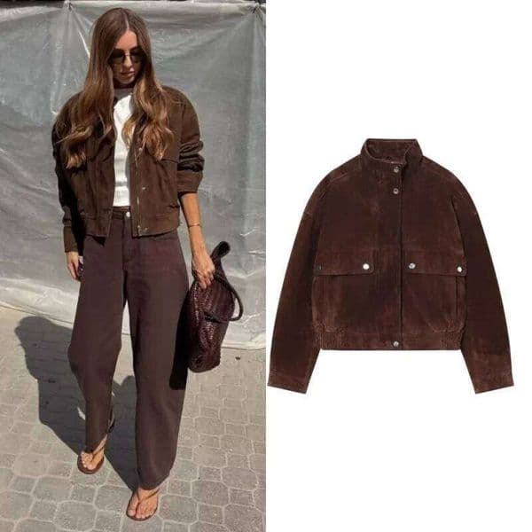 Tidalyf 2025 Women Faux Suede Jacket Stand Collar Long Sleeve Decorative Pocket Elastic Hem Casual Chic Autumn Coat