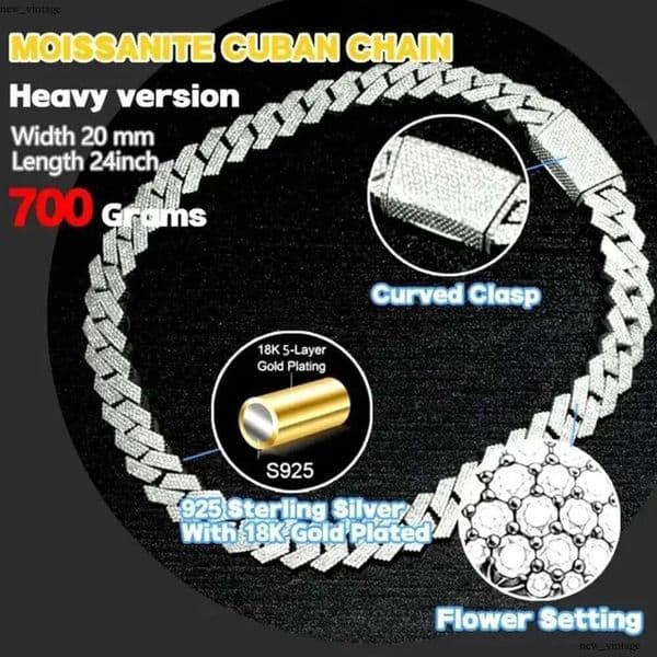 Hip Hop Rapper Mossanite Necklace Jewelry Vvs Sterg Sier 20mm Black Dia Moissanite Cuban k Chain 75