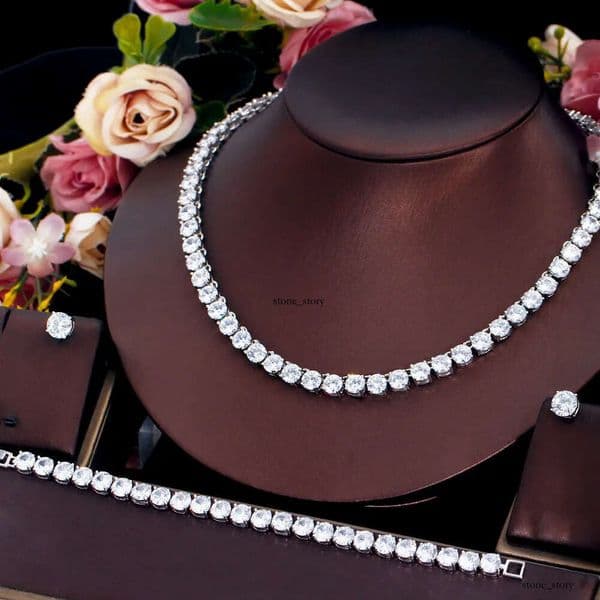 2024 Top Sell Wedding Sets Luxury Jewelry 18K Gold Fill Round Cut White 5A Cubic Zircon CZ Diamond Stud Earring Tennis Bracelet Women Necklace Gift f5