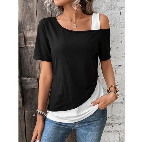 Chic Color Blocking Short Sleeve Womens Solid Color Shoulder Asymmetric T-shirt Womens Summer Casual Top250430BJ