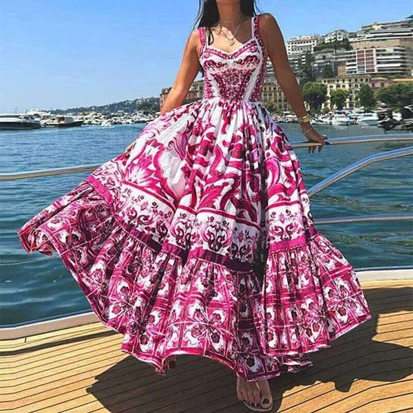 Spring summer Women's Bohemian Medium to Long Large Swing Printed Strap Dress 2025 New Style Elegant Clothing