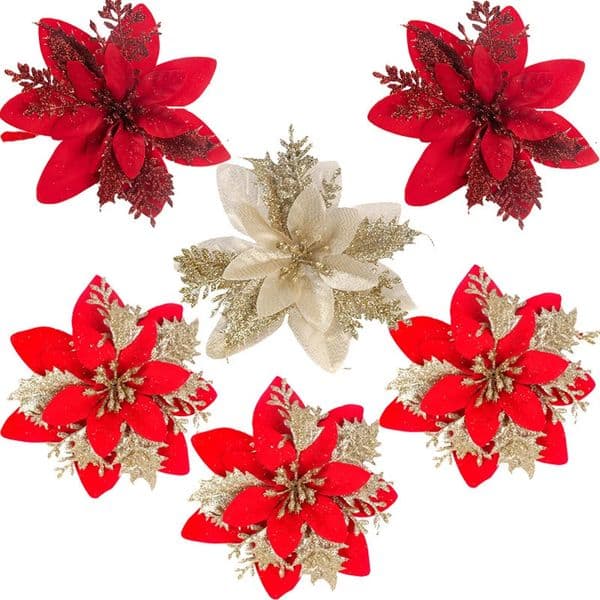 10/5 pieces of 15cm sparkling Christmas flower artificial Poinsettia flower head Christmas tree decoration home decoration Navidad Year 250424