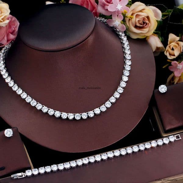 2024 Top Sell Wedding Sets Luxury Jewelry 18K Gold Fill Round Cut White 5A Cubic Zircon CZ Diamond Stud Earring Tennis Bracelet Women Necklace Gift 4c
