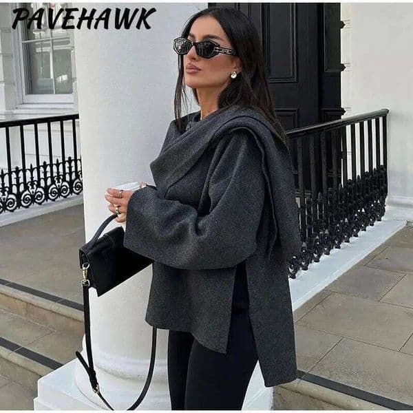 Women Asymmetric Scarf Knitted Jackets Solid Long Sleeve Loose Short Coat Autumn Winter Grey Elegant Lady Outerwear