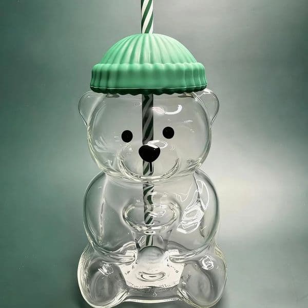 New For Starbucks Cute Animal Bear Straw Glass Transparent Glass For Men Women Birthday Christmas Gift Milk Tea Cup With Straw Wholesale