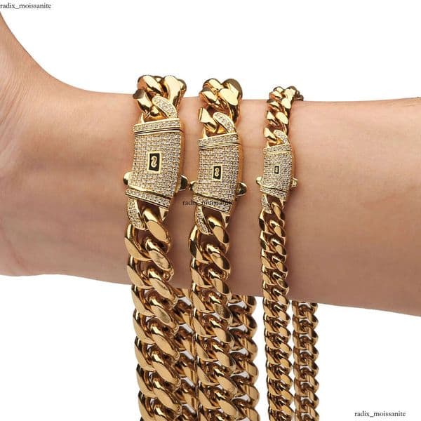 6-14mm Hip Hop Solid Stainless Steel VVS Miami Cuban Link Chain Zircon Clasp Mens GRA Simple 18K 14K High Polished Jewelry