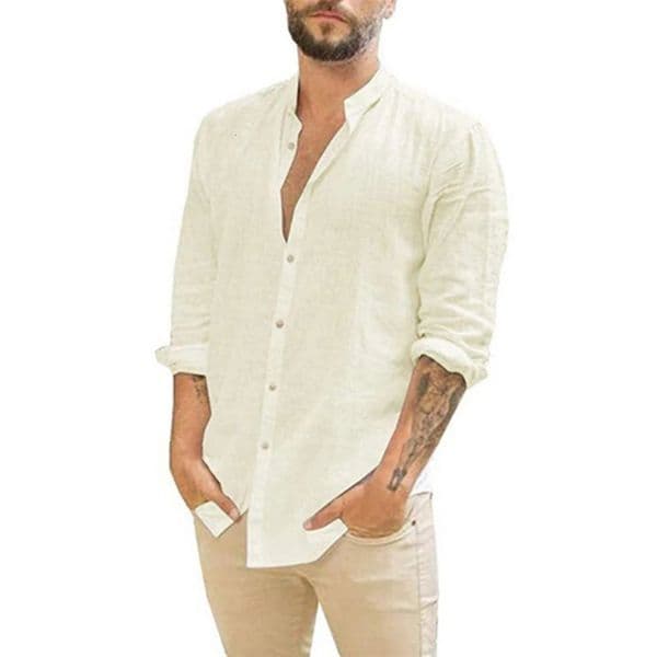 Cotton linen selling mens long sleeved summer solid color stand up collar casual beach style plus size 250427