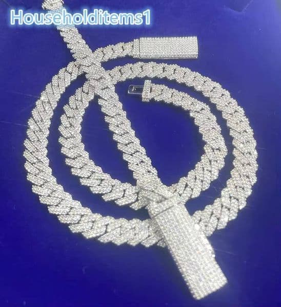 S925 Solid Silver Cuban Chain Jewelry 2rows 10mm 12mm Width GRA Moissanite Diamond Cuban Link Chain Hip Hop Necklace