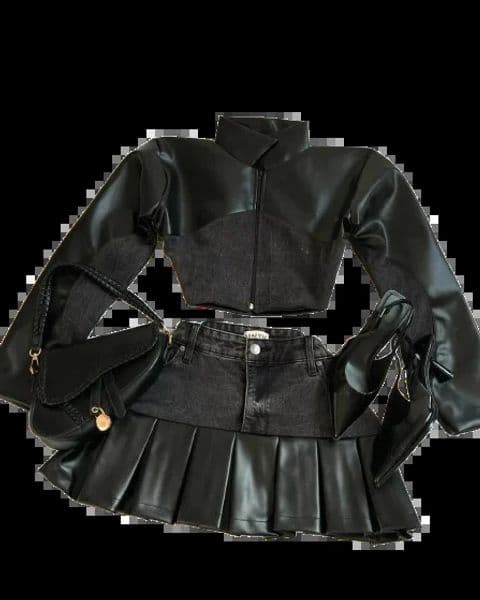 Leather patch work denim twopiece set womens Y2K retro leather cloth jacket ultrathin fashion cutting top long sleeved zipper 250122
