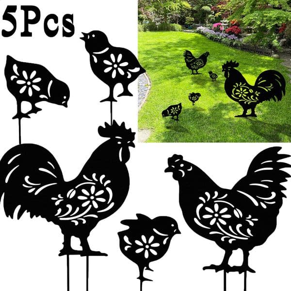 5Pcs Garden Decor Metal Chicken Rooster and Hen with Chicks Silhouette Garden Stake Hollow Chicken outdoor Yard Art Decorative 250115BJ