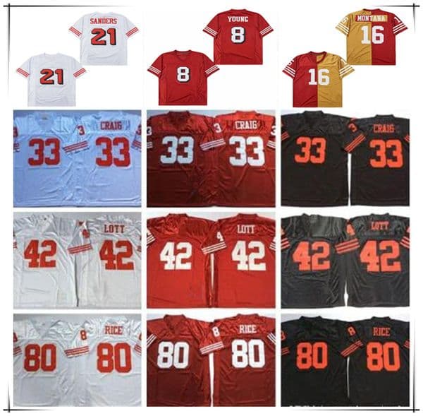Men Throwback American Football Jersey 16 Joe Montana 21 Deion Sanders 80 Jerry Rice 8 Steve Young 33 Roger Craig 42 Ronnie Lott 87 Dwight Clark 44 Tom Rathman Retro Red