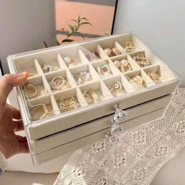 1PC 3-layer transparent plastic and velvet drawer jewelry storage box elegant crystal-shaped handle display table 250117