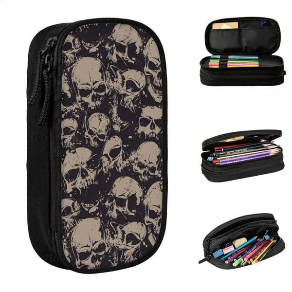 Grunge Pattern With Skulls Rock Pencil Case Classic Pen Box Bags for Student Large Storage Students School Gift Pencilcases 250121BJ