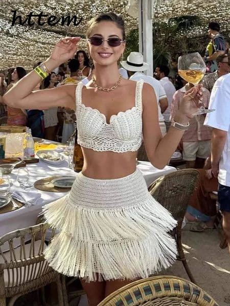 Sexy Knitted Tassels Top Mini Skirt Set Women Crop Bikini Vests Multi Layers Fringe Skirts 2025 Summer Lady Beach Party Outfits 250113