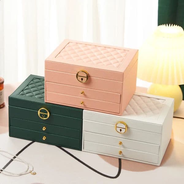 Rhombic three-layer drawer-type lock jewelry storage box necklace ring ear jewelry storage box jewelry box 250117