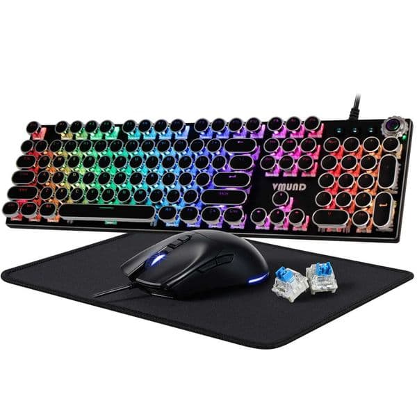 Typewriter mechanical gaming keyboard and mouse combination rainbow RGB backlit wired keyboard with blue switch circular keyboard cover X250203