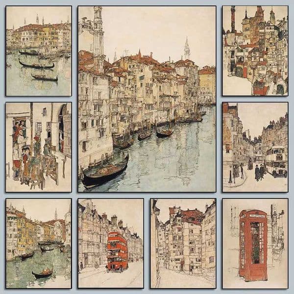 Fine Art Old Storybook Town Venice London Gallery Poster Wall Art Coastal Canvas Painting Street Scene Coffee House Room DecorXJ250116