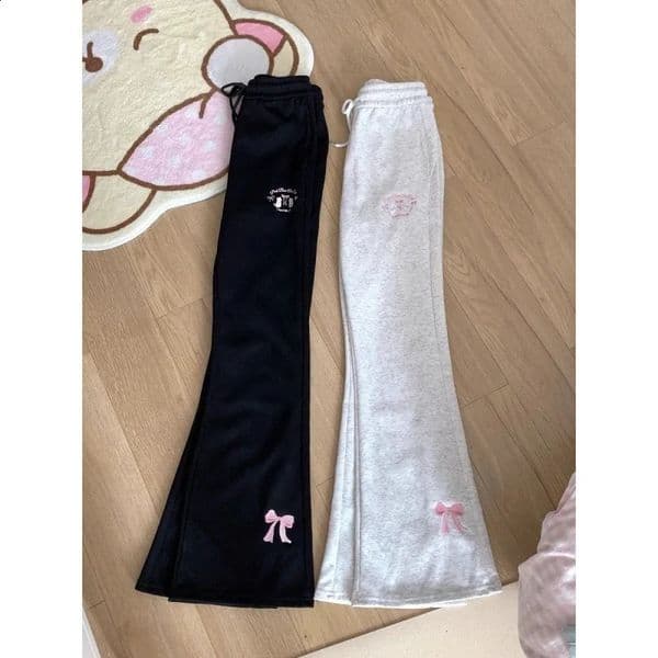 Embroidered Bows Y2k Grey Flare Drawstring Harajuku Long Sports High Waist Japanese Cute Mens Casual Pants Z260314