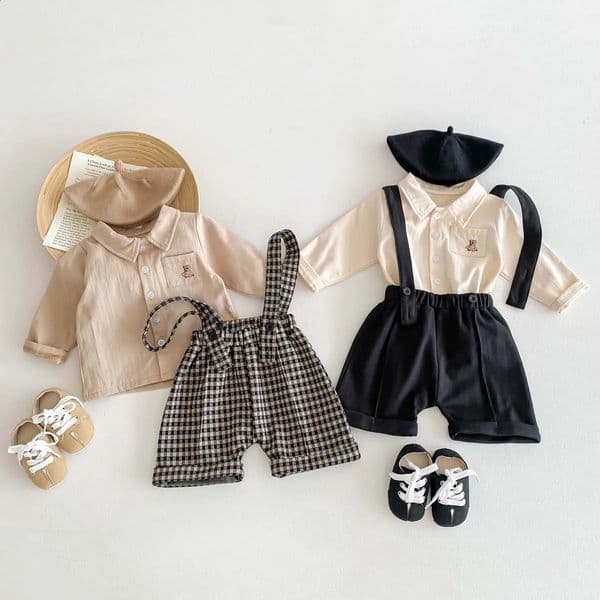 8404 Baby Clothing Set Spring Summer Korean Plaid Casual Strap Pant Or Long Sleeve Shirt Cotton Boys Twopiece 250117BJ