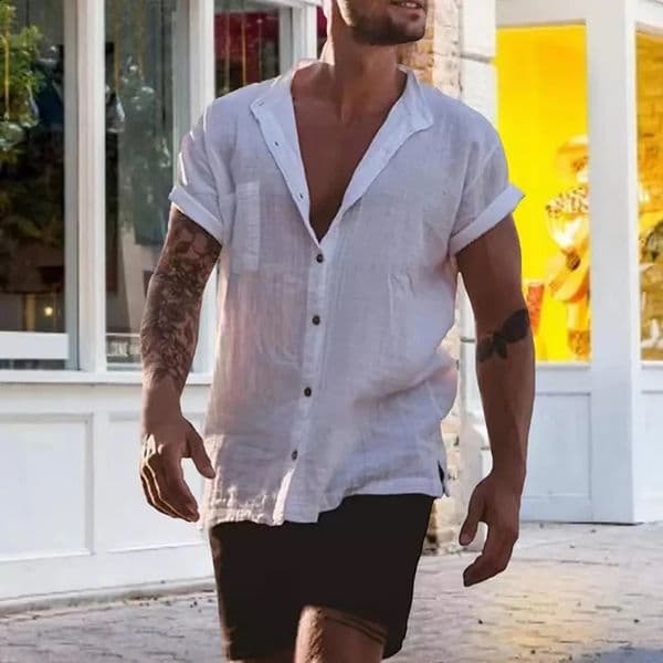 Mens Short Sleeve Shirts Cotton Linen Blouses For Men Loose Business Normal Social Top Formal Dress Shirt Clothing 250122BANJIA