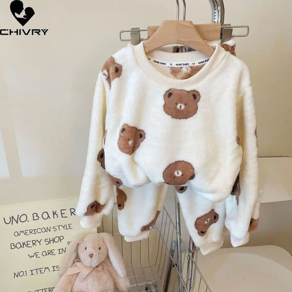 Autumn Winter Kids Thicken Soft Flannel Pajamas Sets Baby Boys Girls Cartoon O-neck Pullover Warm Sleeping Sets Pyjamas 250121