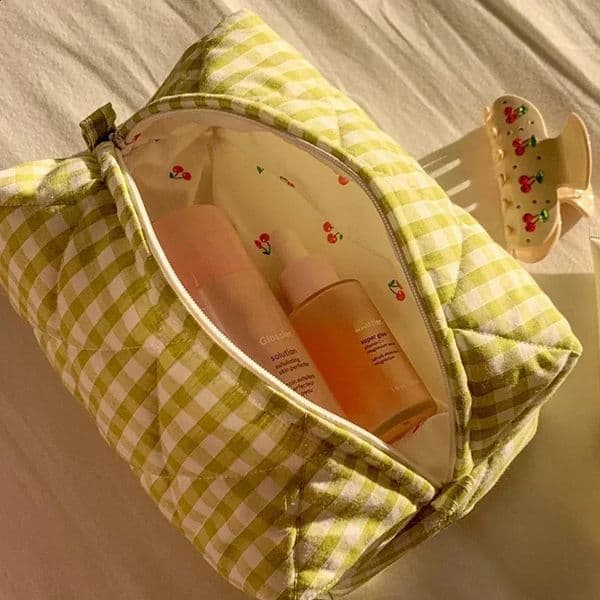 Fashion Checkered Floral Makeup Bag Large Capacity Portable Cosmetic Storage Bag Cotton Quilted Wash Bag Skincare Pouch 250120