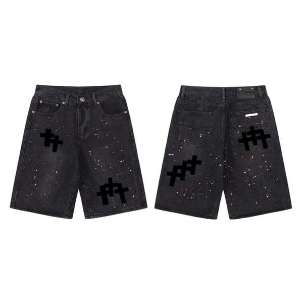 Chrome Jeans Shorts Cross Sanskrit Jorts Y2k Mens Designer Chrme heartsshorts Ripped Distressed Cross Graphic Jeans Hip Hop Streetwear Trendy Crome Denim Short 64A