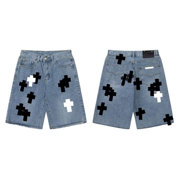 Chrome Jorts Mens brand Designer Ch Ripped Distressed Sanskrit Jeans Cross Graphic Washed Retro Chrome Short Hip Hop Trendy Crome Denim Designer mens jean shorts 455