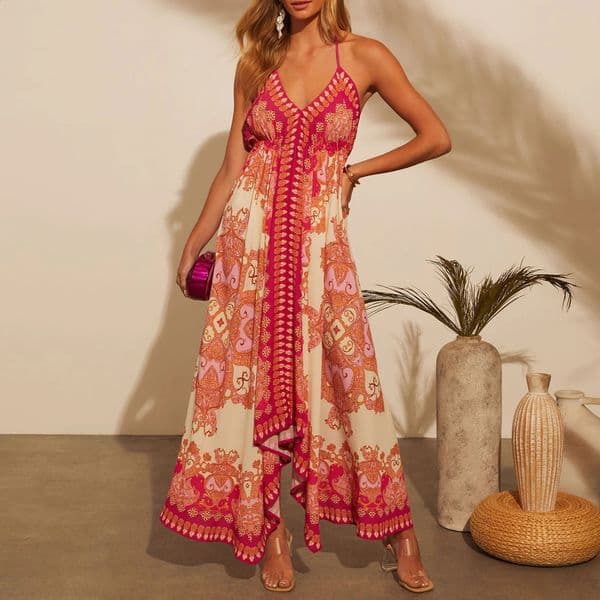 Womens Boho Vintage Long Dress Retro Floral Print V Neck Sleeveless Loose Fit Dress Summer Holiday Vacation Sundress Vestido 250122