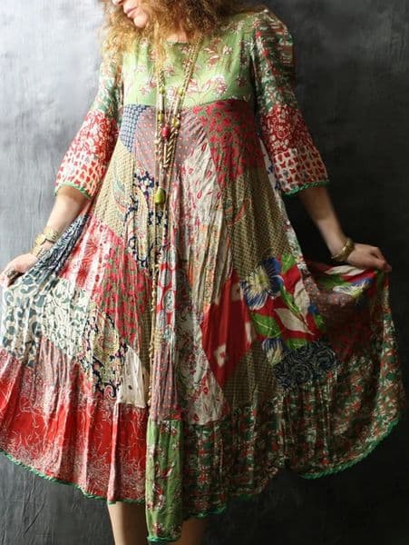 Short Sleeve Vintage Print Summer Long Dresses For Women 2025 Retro Patchwork Casual Loose Holiday Ladies Dress Elegant Clothes 250121BANJIA