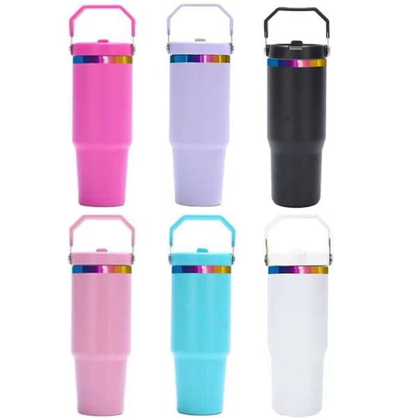 Rainbow Plated 30oz Tumbler With Handle Leak Proof Flip Straws Lids Double Wall Stainless Steel Insulated Water Bottle Travel Coffee Cup gs For Laser Ening Y260520
