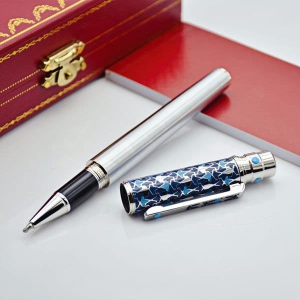 wholesale AAA High Quality Santos Series Metal Rollerball Pen Silver And Blue Special Design Office School Writing Ballpoint Pen With Serial Number