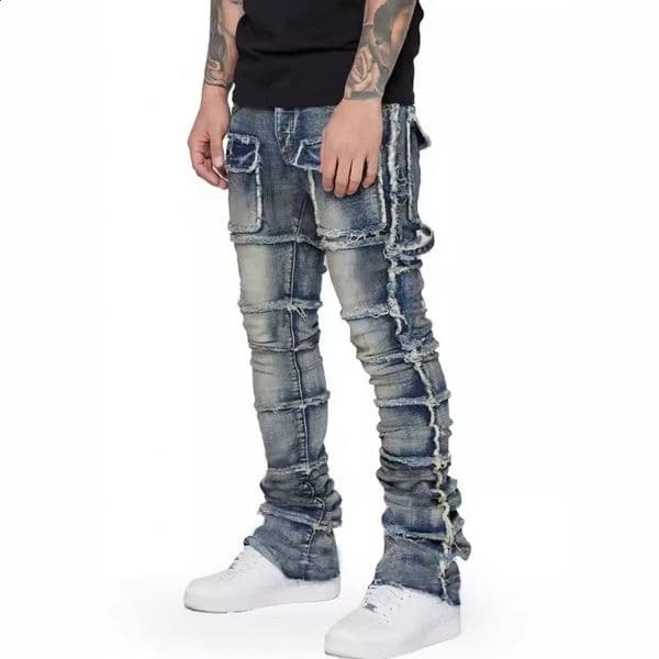Stretchy Retro Cargo Jeans Men Ripped Washed Pants Straight Leg Male Patched Denim Trousers Y2k Hip Hop Streetwear Trouser 250206