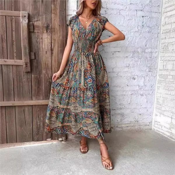 Summer Womens Short Sleeved Dress Long Vneck Cinched Waist Style French Temperament Bohemian Vacation Printed 250121BANJIA