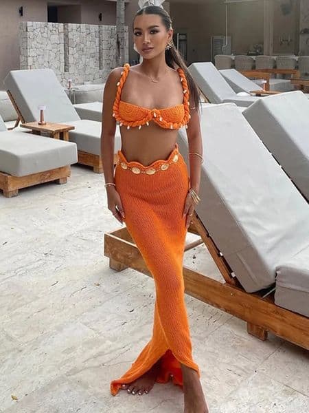 Knitted Bra Top Skirt Sets Women Sexy Sleeveless Crop Tops Hip Package Long Split Skirts Casual Spring Holiday Beach Ladies Suit 250206