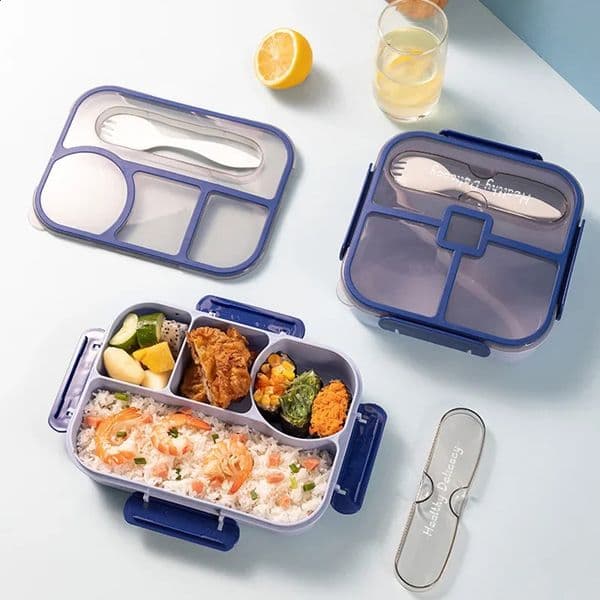 1PC Plastic Lunch Box 1000mL Student Office Food Storage Fruit with Fork Four Compartment n to Prevent Cross Flavor 250206BJ