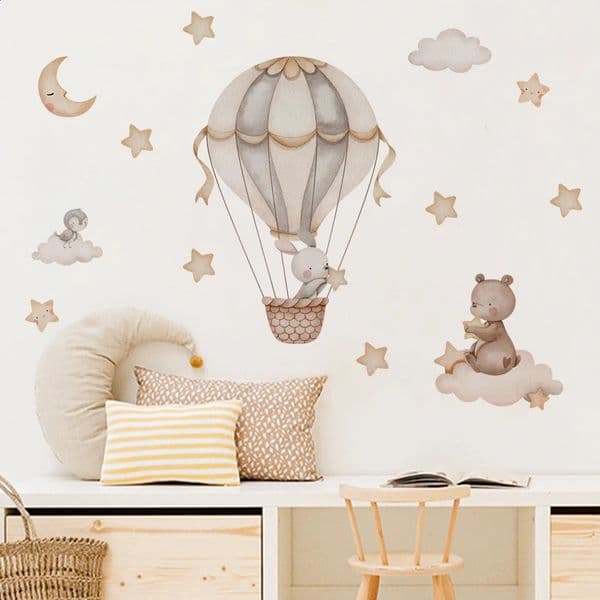 Cartoon Air Balloon Animals Bear Rabbits Wall Stickers for Kids Room Boy Decoration Nursery Baby Decal 250228