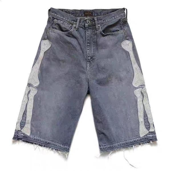 Men Vintage Bone Blue Denim Shorts Summer Casual Loose Jeans Retro Harajuku Streetwear Hip Hop Y2K Man y2k pants 250206 Z260228