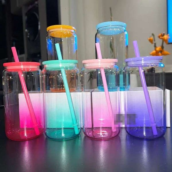 16Oz Tumbler Sublimation With Colored Plastic Lid Straws Gradient Colors Glass Cups Mason Jar Libby Can Cooler Cola Beer Food Cans S S