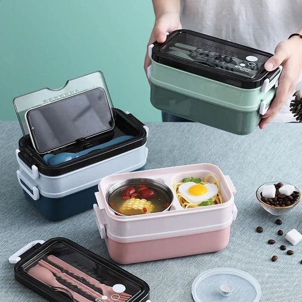 Portable Largecapacity Doublelayer Lunch Box with Tableware Plastic Compartment Food Microwave 250206BJ