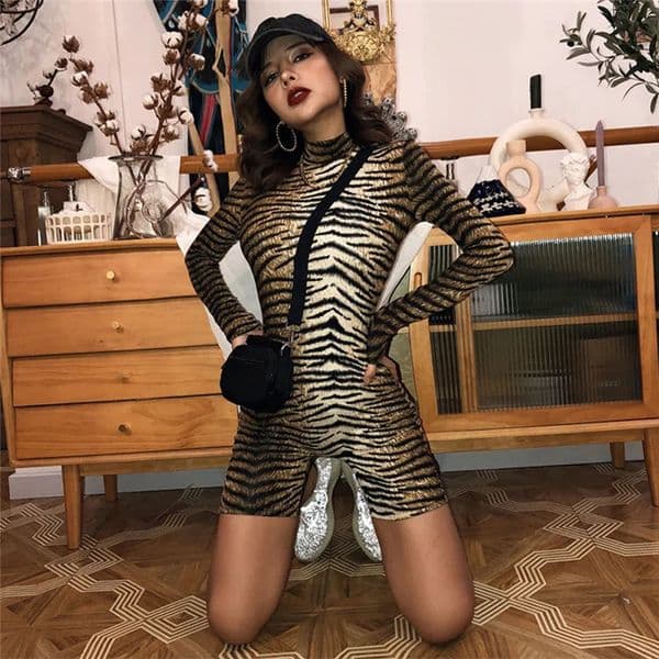 Leopard Jumpsuits Sleeveless High Neck Long Sleeve Zipper Womens Autumn Short Jumpsuit Streetwear Playsuit Fashion Female Body 250206