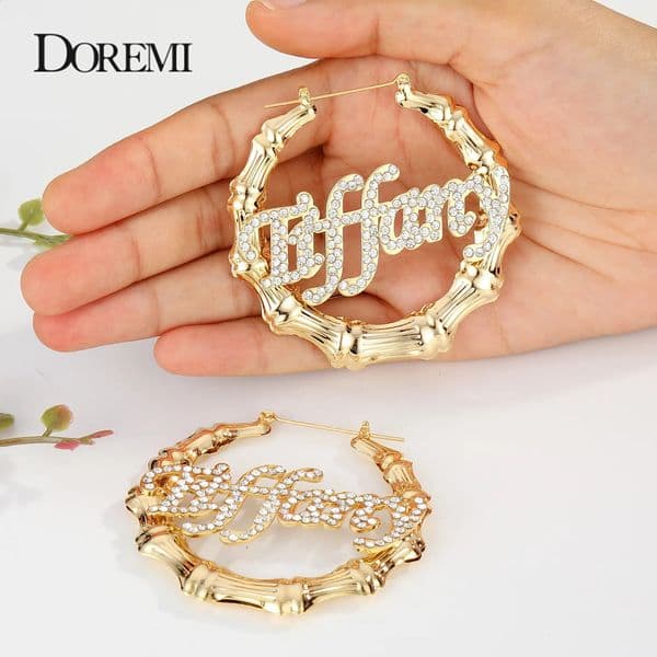 DOREMI Bling Name Bamboo Earrings Custom Trapezoid Hoop Bamboo Names Earrings Letter Big Personalised Name Earrings Women Gift 250207