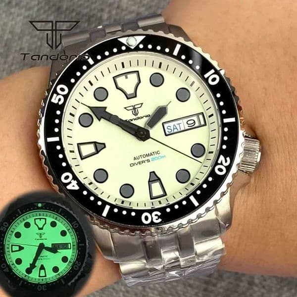 Wristwatches Tandorio NH36 Cream Full Light Dial 20bar 41mm Diving Mens Automatic Watch Week Date 3.8 Crown Sapphire Crystal 120 Click bezel S2526