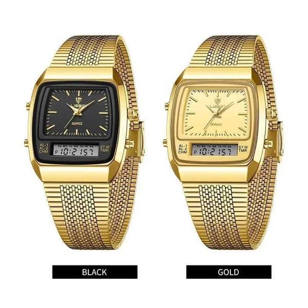 New Golden Steel Strap Quartz Sport Watch Mens Dual Time Week Display Digital Wristwatches Waterproof Clock Reloj Hombre Z250207