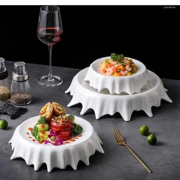 Plates European Style White Irregular Plate Round High Ceramics Dinner Home Cake Tray Kitchen Set And Dishes