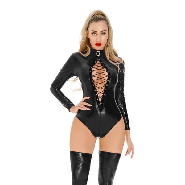 Sexy Women Cosplay Maid High Cut Bodysuit Bandage Hollow Out Tight PU Faux Leather Catsuit Latex Shiny s Leotard 250115A